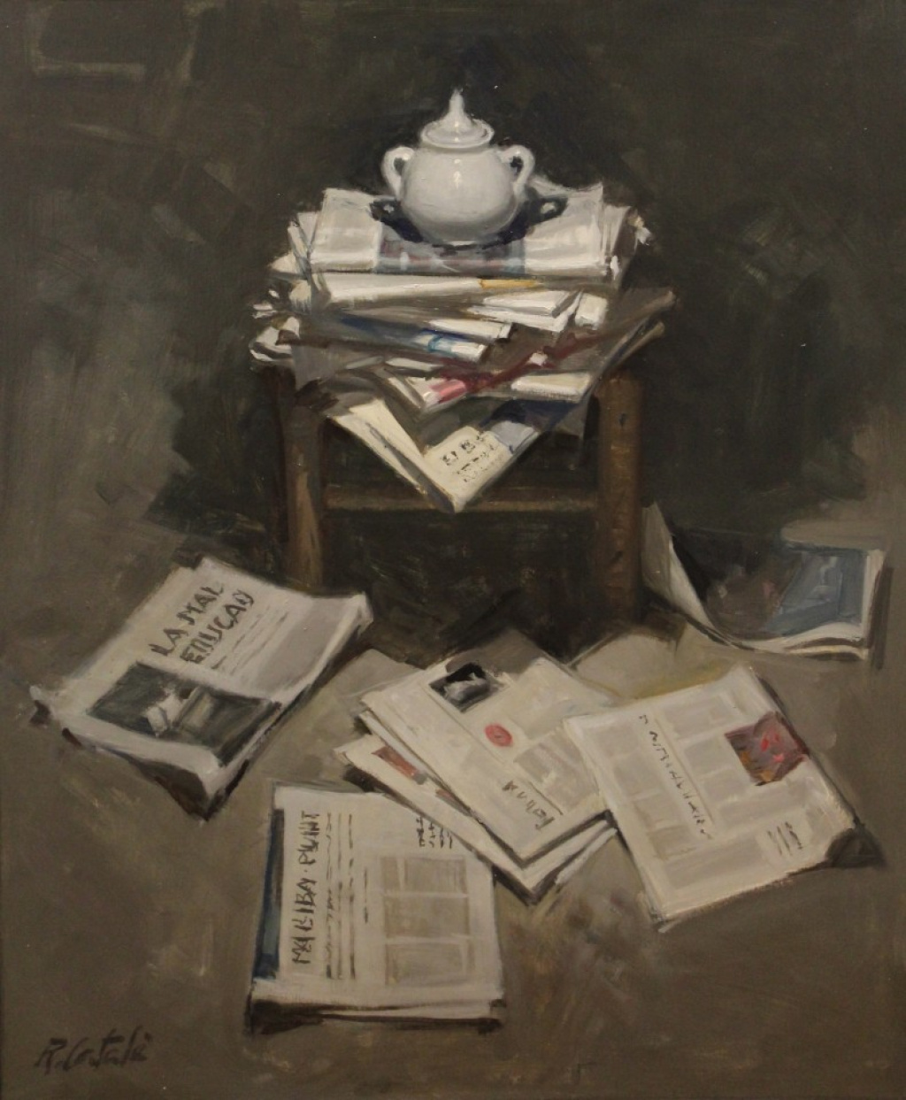 Chair, newspapers and porcelain