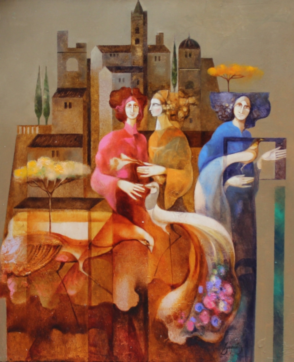 Three figures with landscape