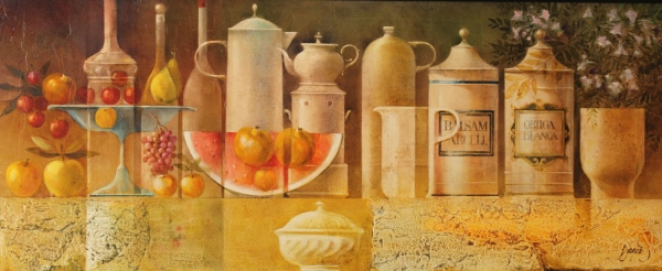 Still life with ceramics and fruits