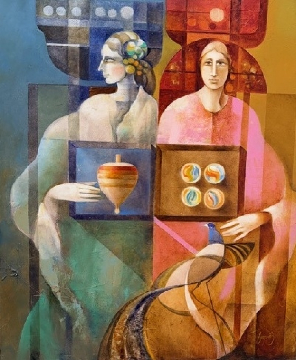 Deux figures et oiseau.