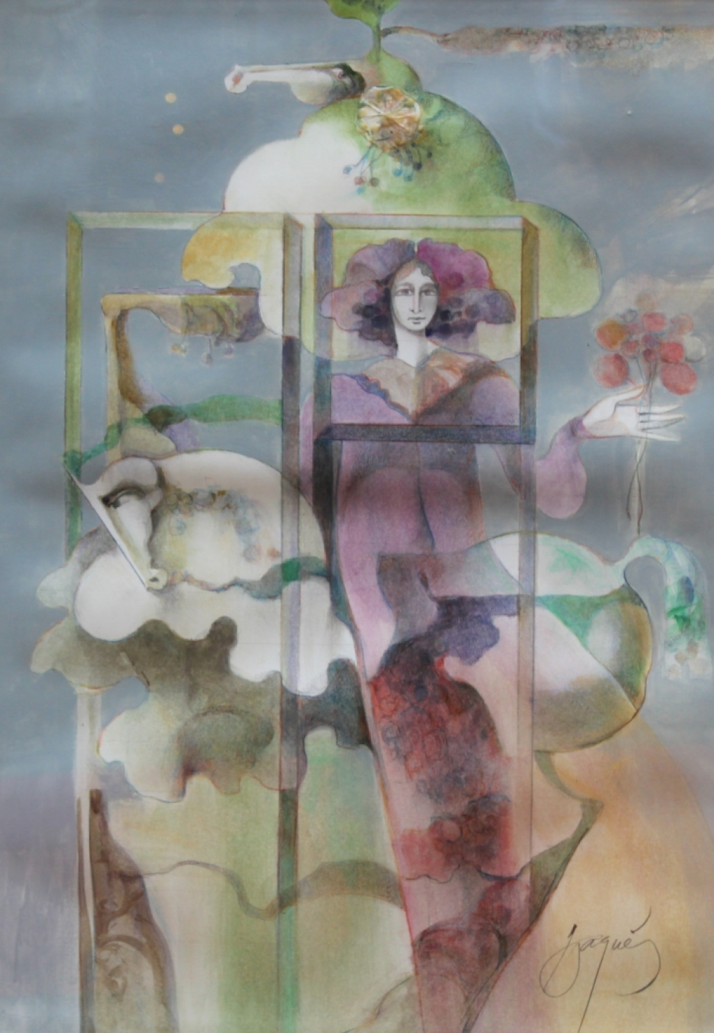 Deux Equus et figure avec fleur