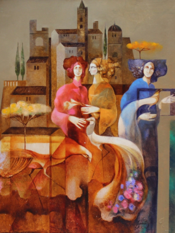 Tres figuras con paisaje